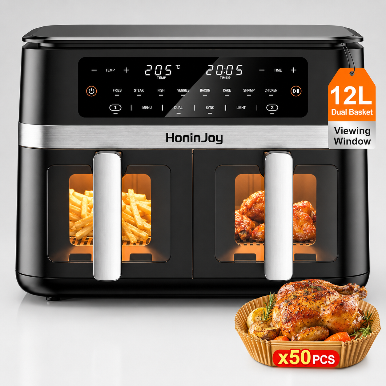 Large Dual Air Fryer with Viewing Window, 12L Dual Zone, 12-in-1 Digital Touchscreen, 2 Drawers for Bake, Roast, Reheat, Broil, Nonstick Dishwasher Safe with 50pcs Paper Liners, Black